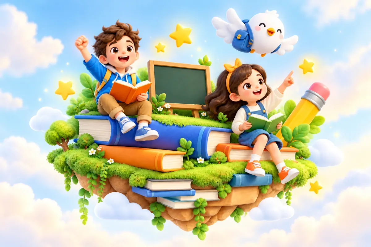两位小学生在漂浮的书本乐园中学习,云朵小鸟飞在旁边